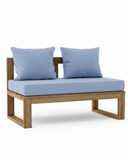 Outdoor loveseat with a light blue cushioned seat and two matching back cushions on a natural wood frame, shown on a white background.