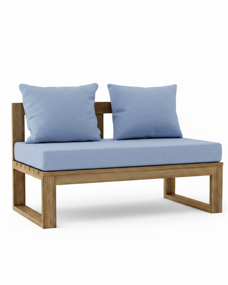 Outdoor loveseat with a light blue cushioned seat and two matching back cushions on a natural wood frame, shown on a white background.