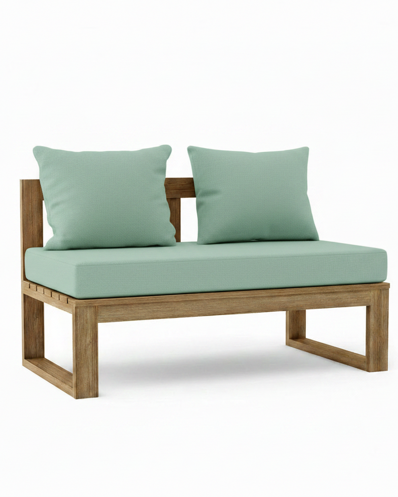 Outdoor loveseat with a light brown wooden frame and mint green cushions, shown on a clean white background.