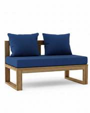 Outdoor wooden bench with a natural teak frame and deep blue cushions, shown on a clean white background.