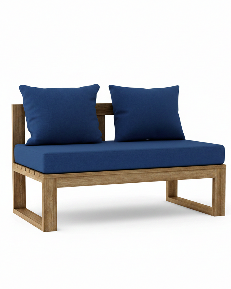 Outdoor wooden bench with a natural teak frame and deep blue cushions, shown on a clean white background.