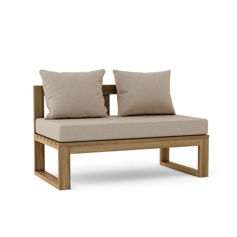 Wooden outdoor bench with beige cushions on a white background