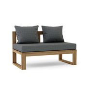 Wooden outdoor bench with gray cushions on a white background