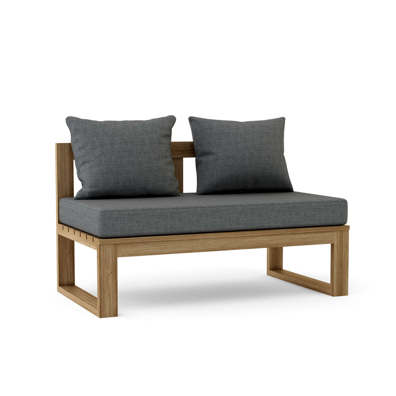 Wooden outdoor bench with gray cushions on a white background