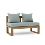 Wooden outdoor bench with light blue cushions on a white background