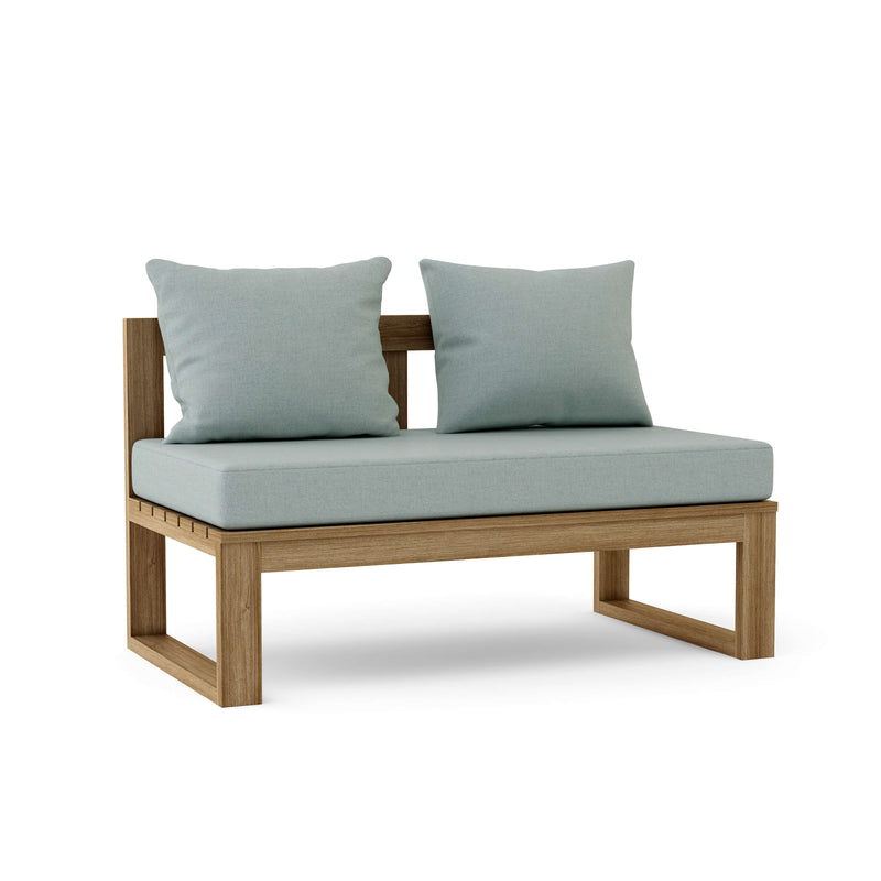 Wooden outdoor bench with light blue cushions on a white background