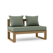 Wooden outdoor bench with green cushions on a white background