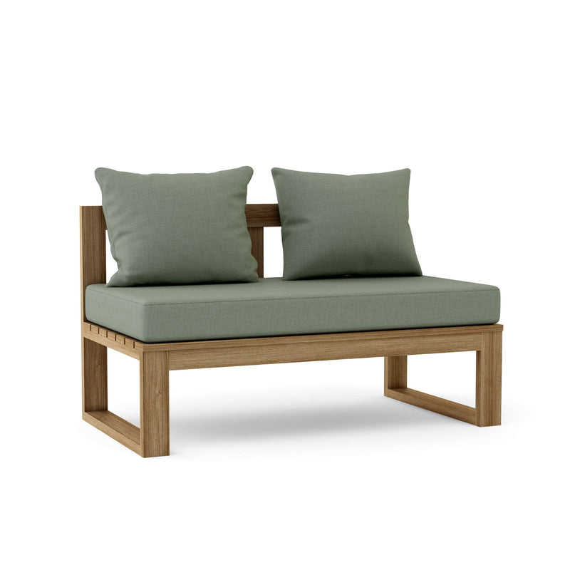 Wooden outdoor bench with green cushions on a white background