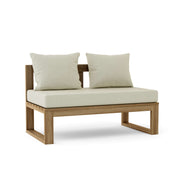 Wooden outdoor bench with white cushions on a white background