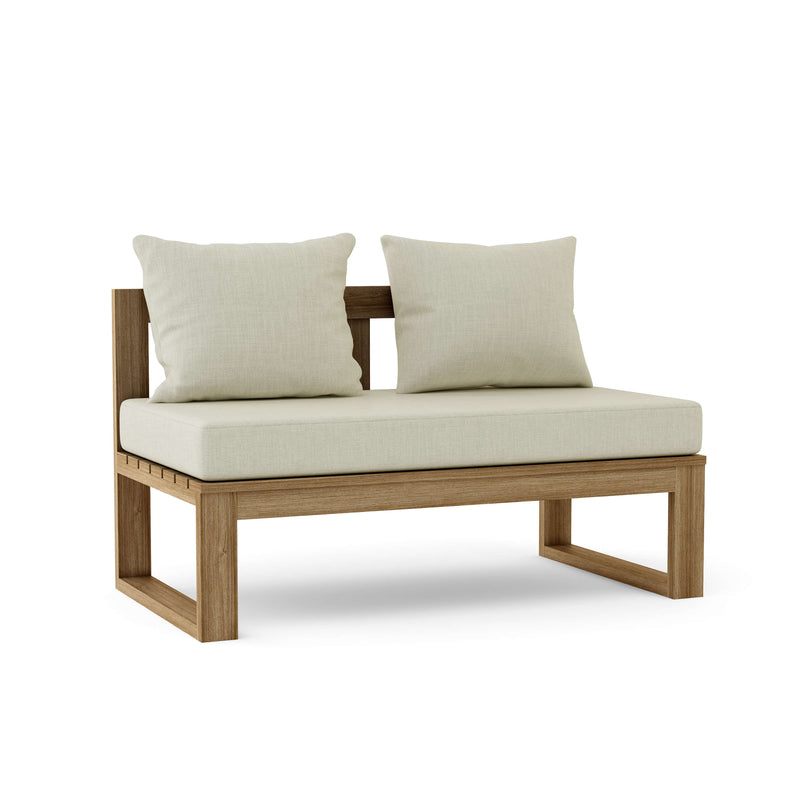 Wooden outdoor bench with white cushions on a white background