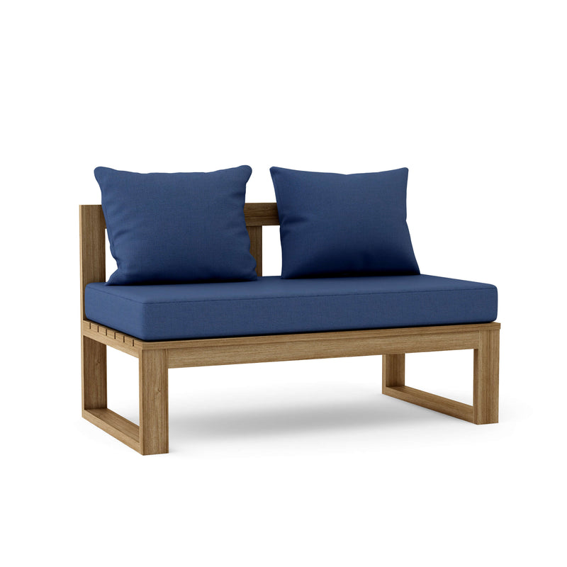 Wooden outdoor bench with blue cushions on a white background