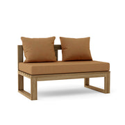 Wooden outdoor bench with brown cushions on a white background