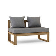 Wooden outdoor bench with gray cushions on a white background