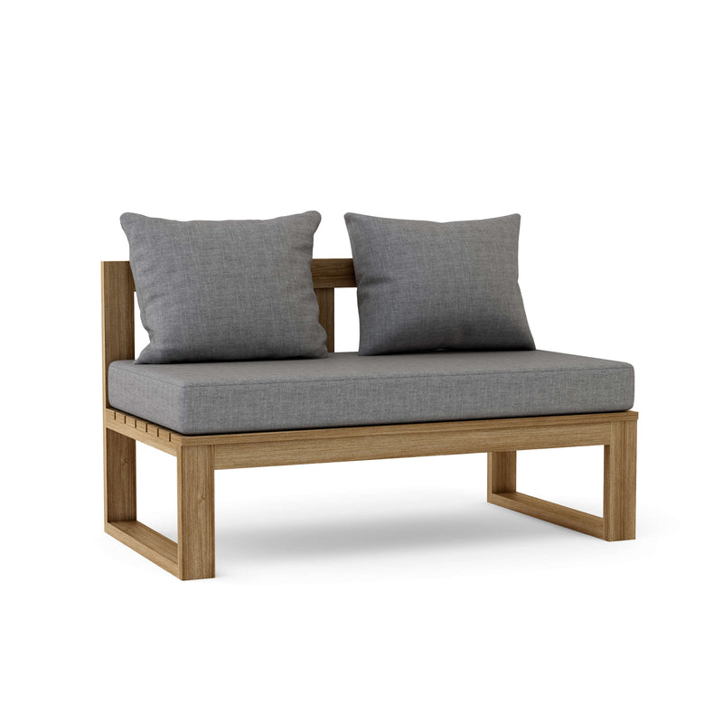 Wooden outdoor bench with gray cushions on a white background