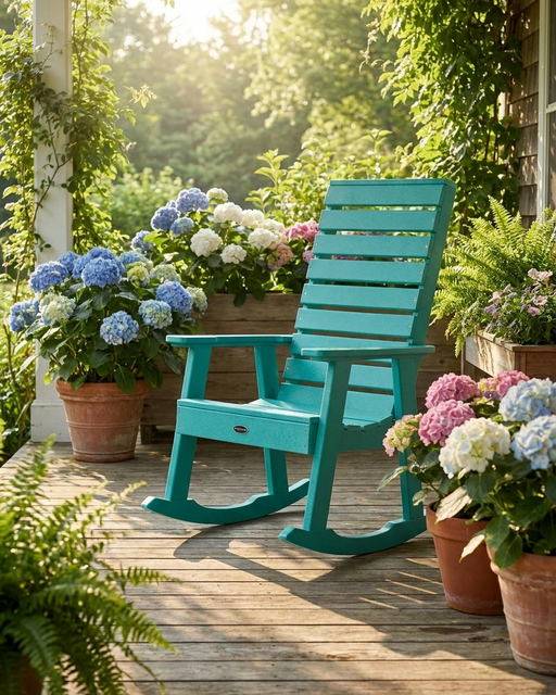 Turquoise rocking chair on a wooden deck with potted flowers and plants.
