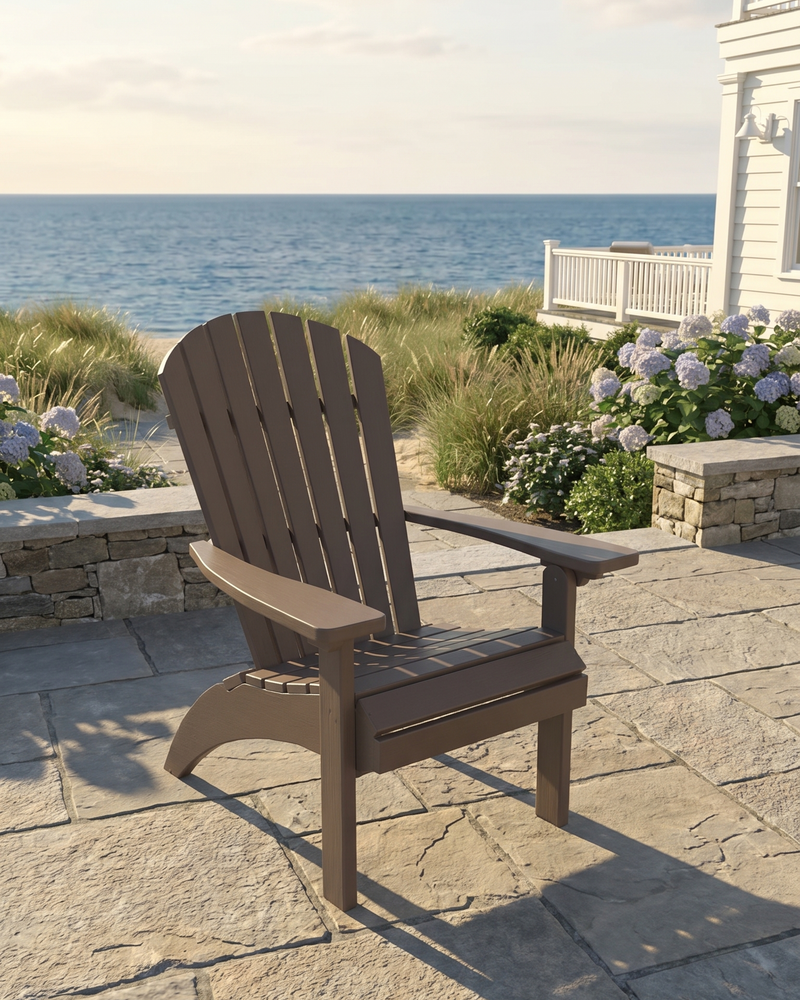 Brown Adirondack chair on a stone patio with ocean view