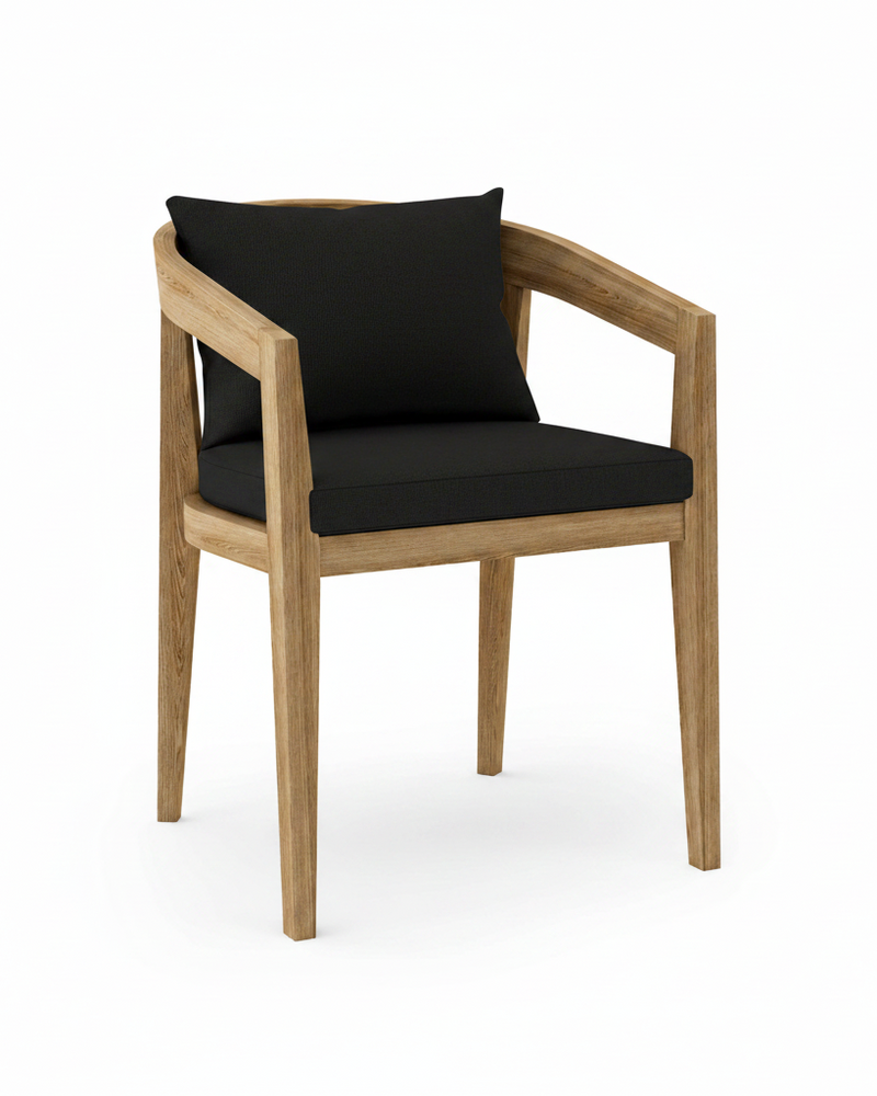 Toscana teak dining chair with black cushion on white background.