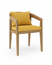 Toscana teak dining chair with buttercup cushion on white background.