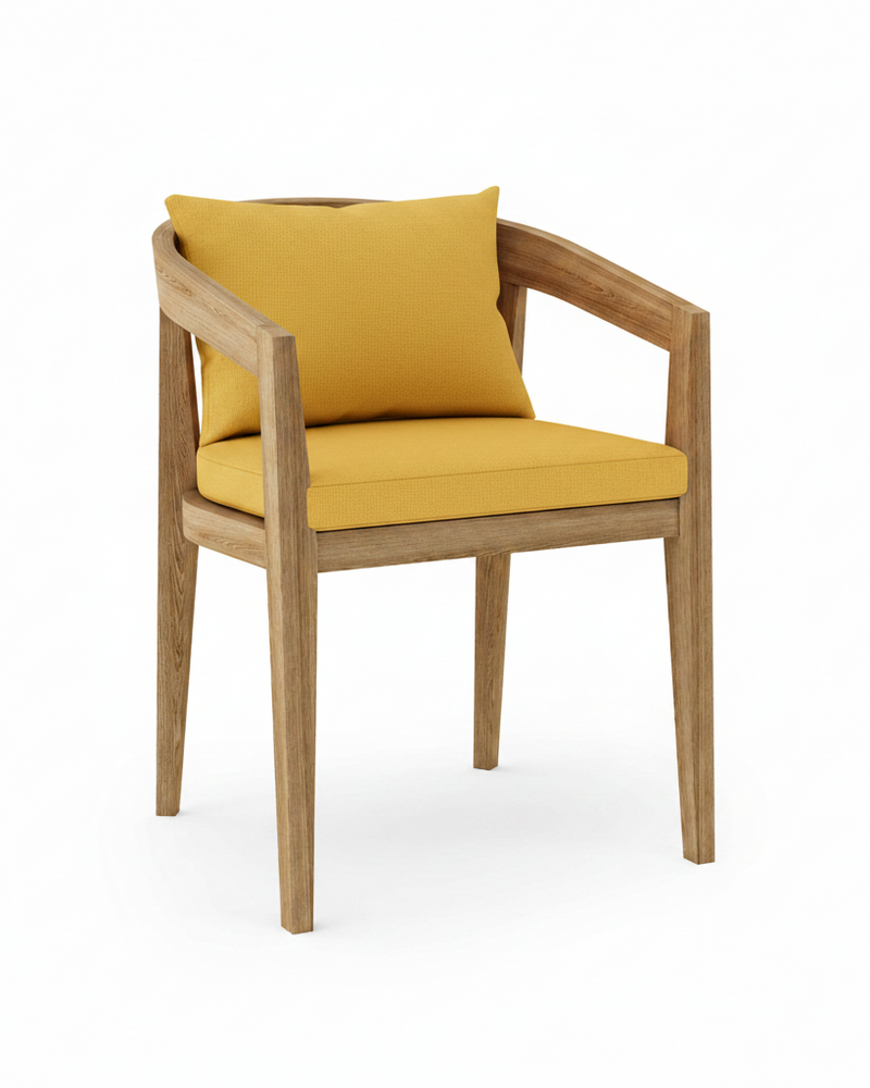 Toscana teak dining chair with buttercup cushion on white background.