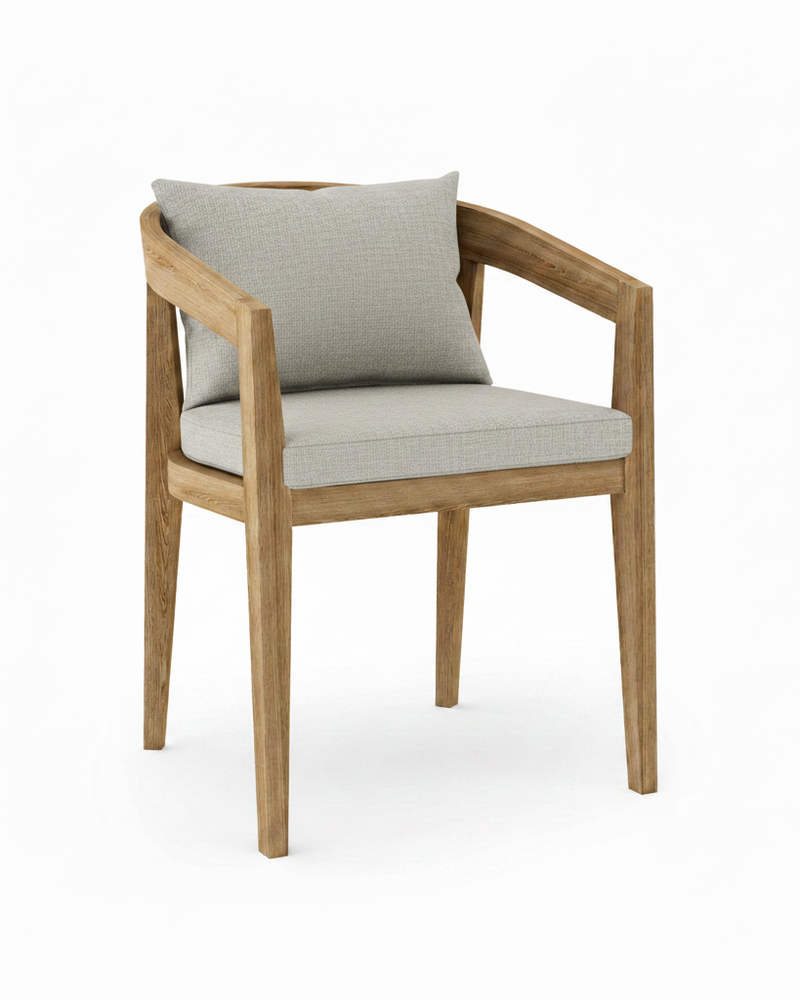 Toscana teak dining chair with canvas granite cushion on white background.