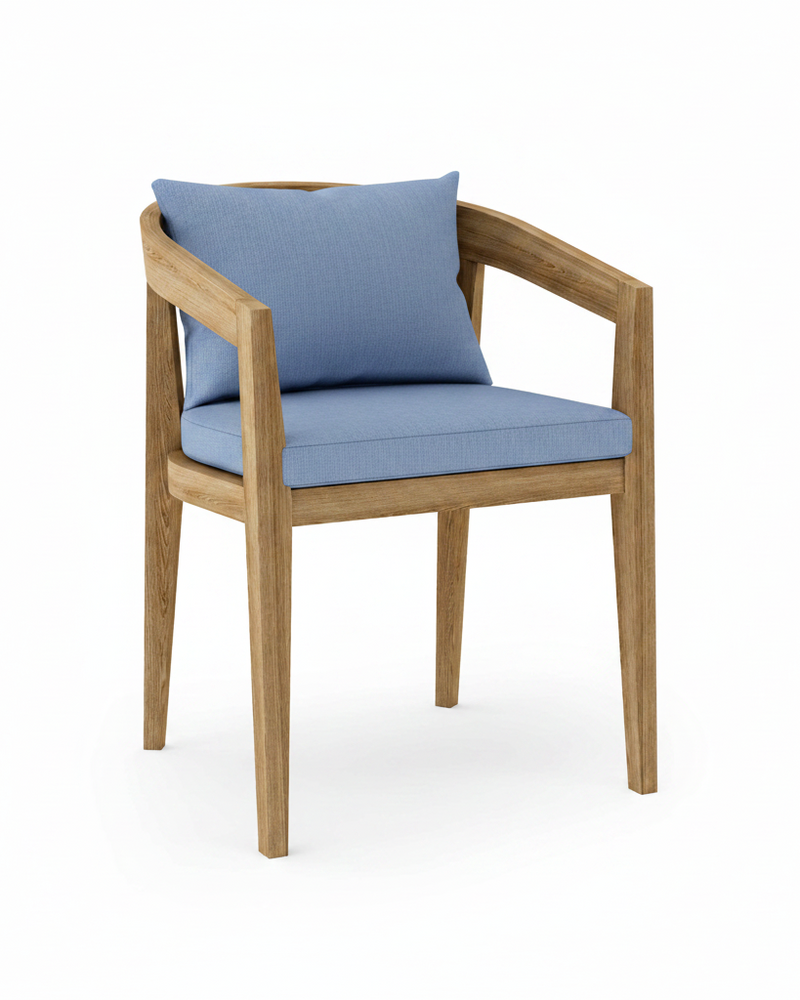 Toscana teak dining chair with cast ocean cushion on white background.