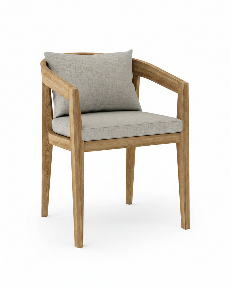 Toscana teak dining chair with cast silver cushion on white background.