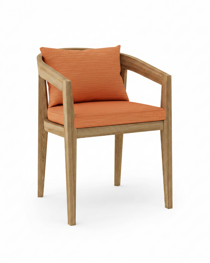 Toscana teak dining chair with dupione papaya cushion on white background.