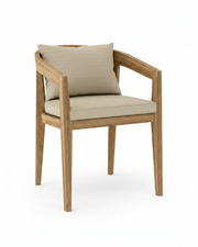 Toscana teak dining chair with dupione sand cushion on white background.