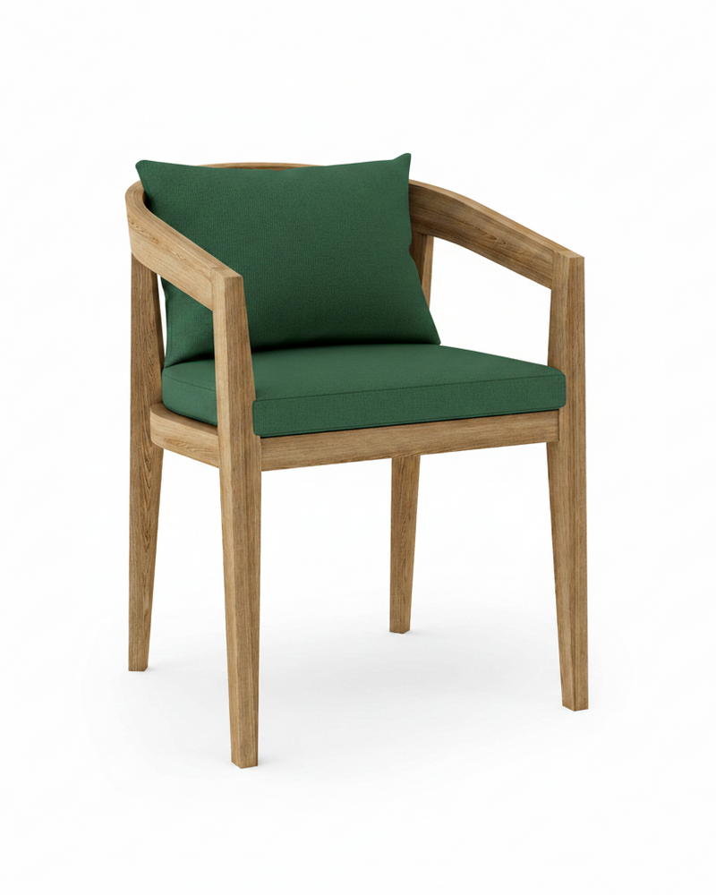 Toscana teak dining chair with forest green cushion on white background.