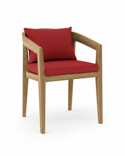 Toscana teak dining chair with jockey red cushion on white background.