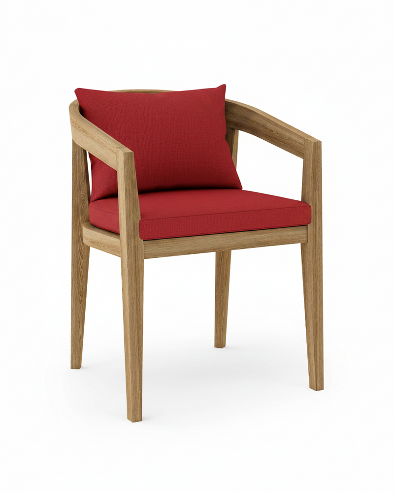 Toscana teak dining chair with jockey red cushion on white background.