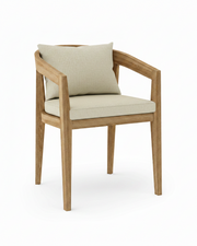 Toscana teak dining chair with linen canvas cushion on white background.