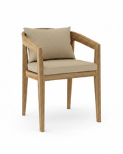 Toscana teak dining chair with linen sesame cushion on white background.
