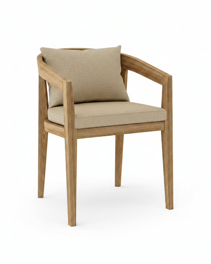 Toscana teak dining chair with linen sesame cushion on white background.