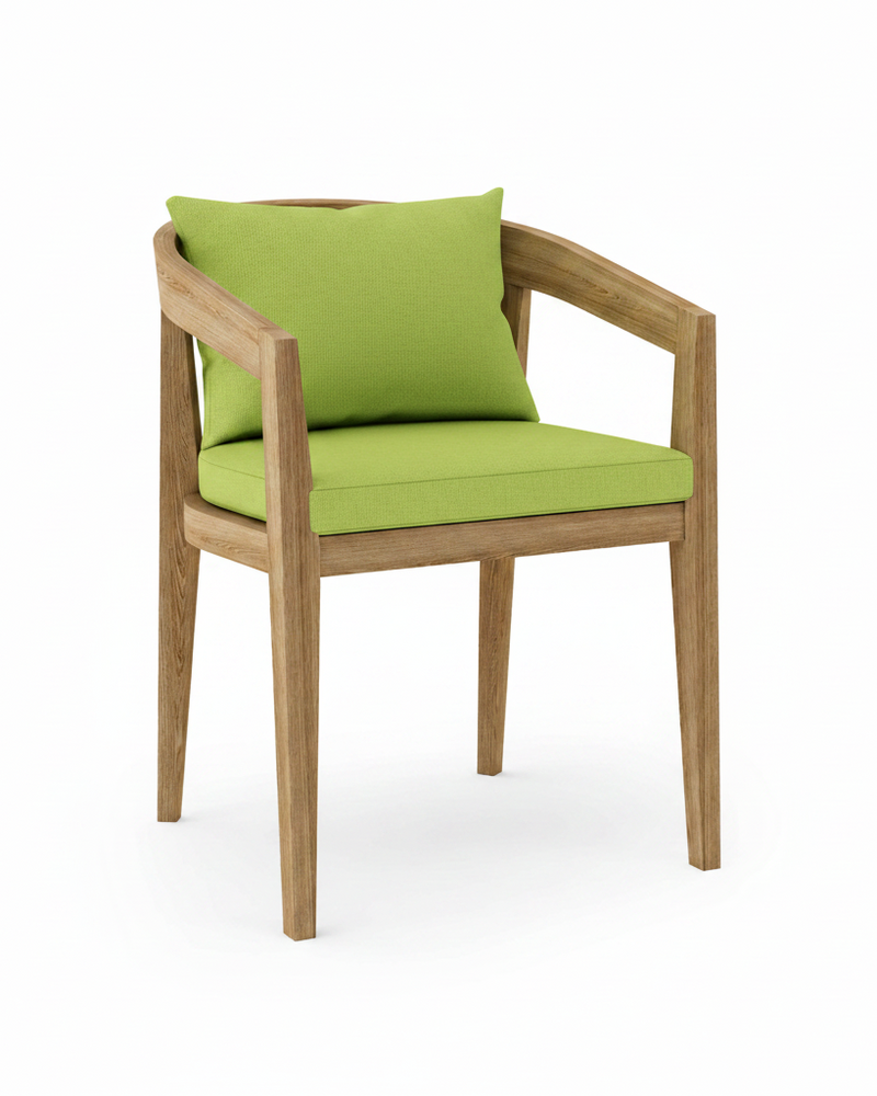 Toscana teak dining chair with macaw cushion on white background.