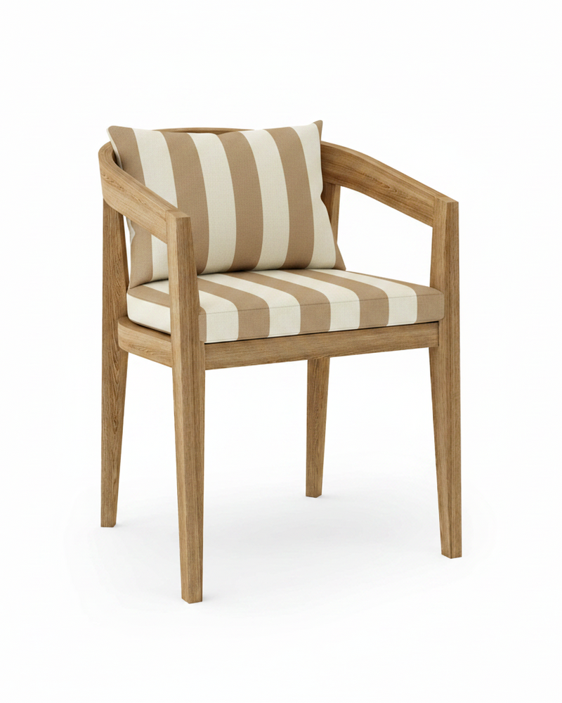 Toscana teak dining chair with maxim heather beige cushion on white background.