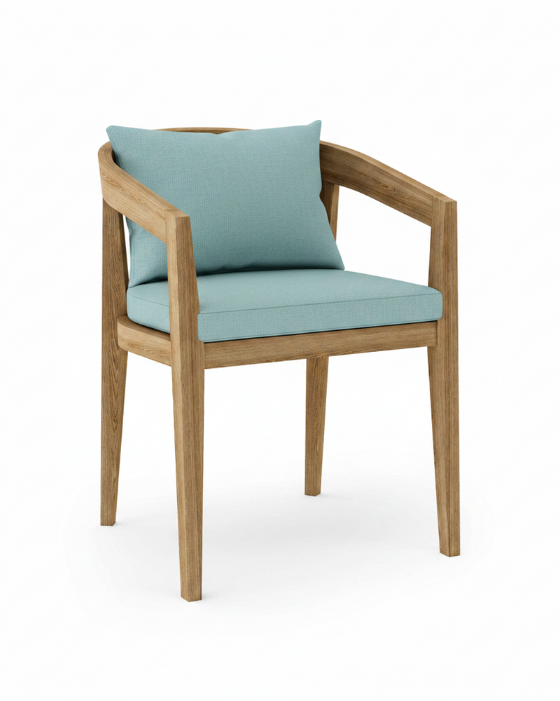Toscana teak dining chair with mineral blue cushion on white background.