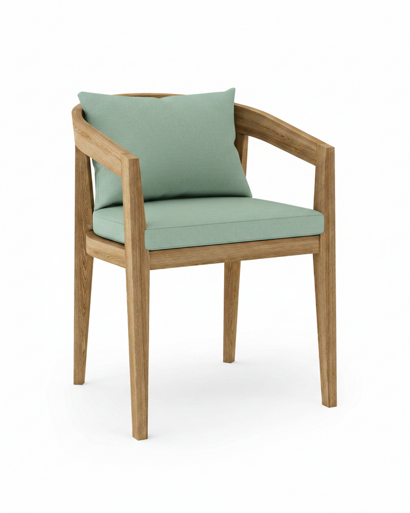 Toscana teak dining chair with spa colored cushion on white background.