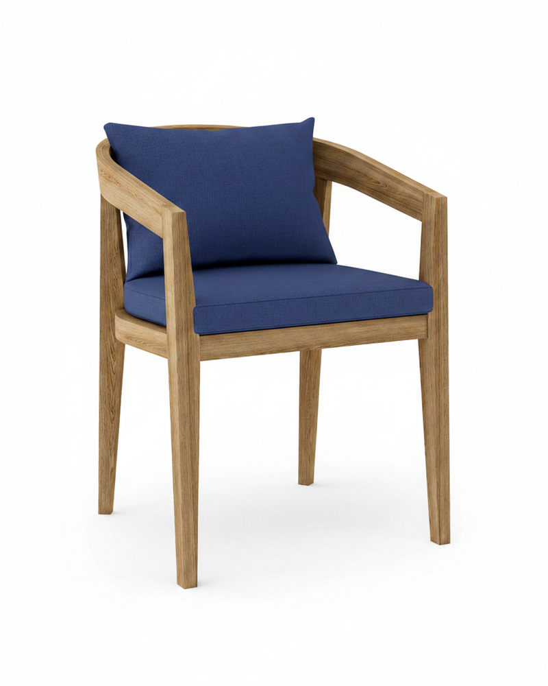 Toscana teak dining chair with true blue cushion on white background.