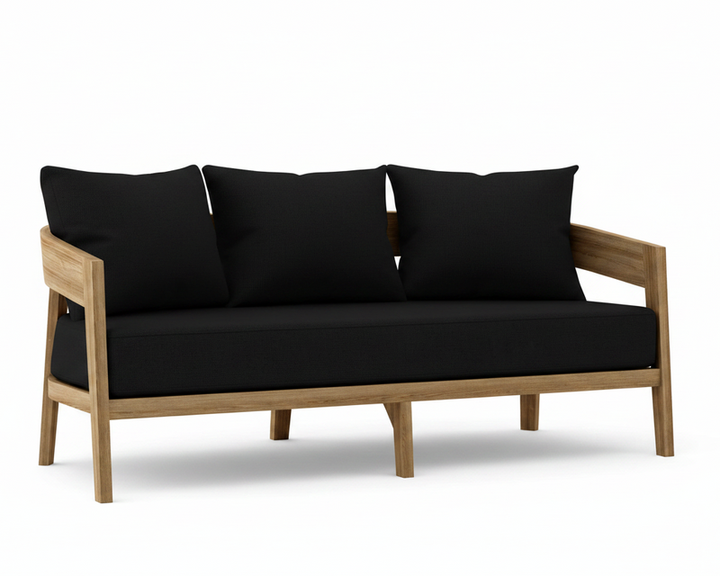 Toscana teak sofa with black cushions on a white background.