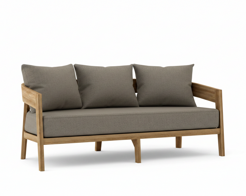Toscana teak sofa with bliss smoke cushions on a white background.