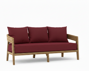Toscana teak sofa with burgundy cushions on a white background.
