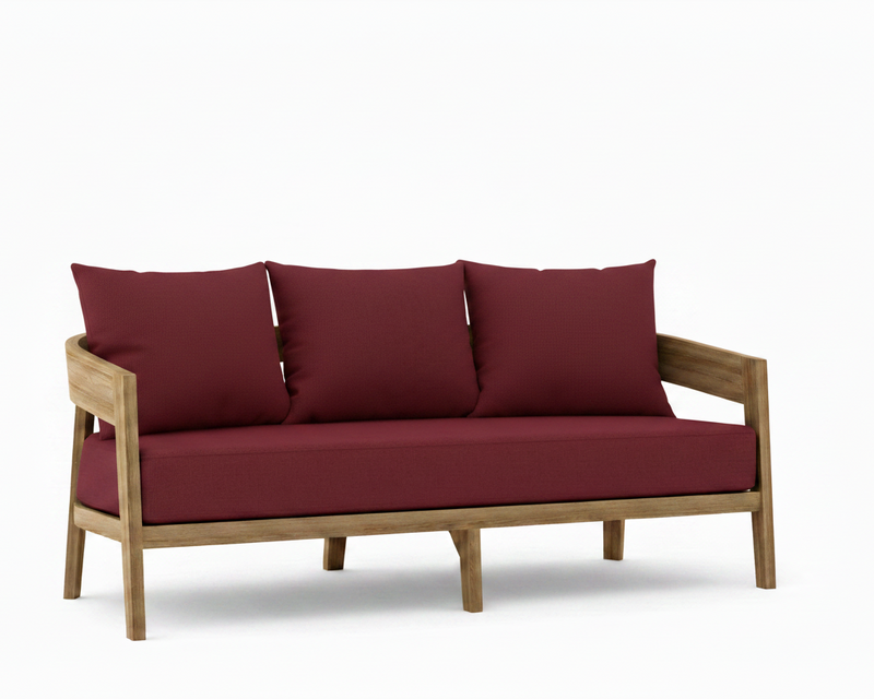 Toscana teak sofa with burgundy cushions on a white background.