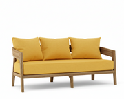 Toscana teak sofa with buttercup cushions on a white background.