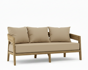 Toscana teak sofa with antique beige cushions on a white background.