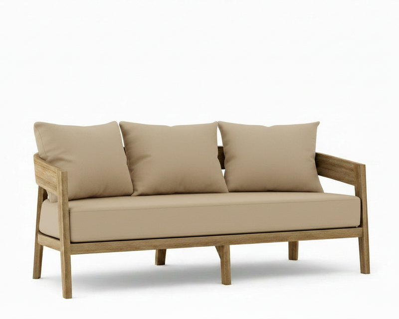 Toscana teak sofa with antique beige cushions on a white background.