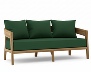 Toscana teak sofa with forest green cushions on a white background.