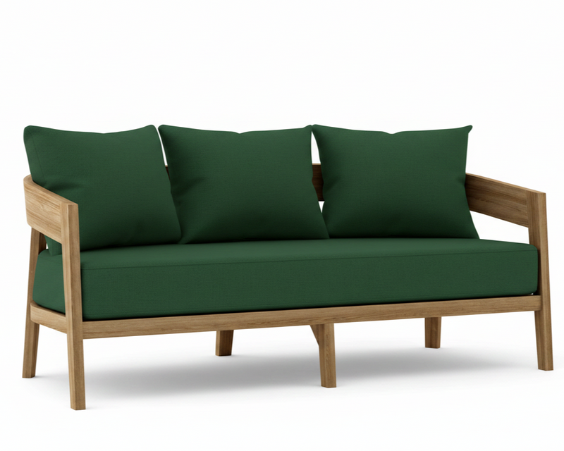 Toscana teak sofa with forest green cushions on a white background.