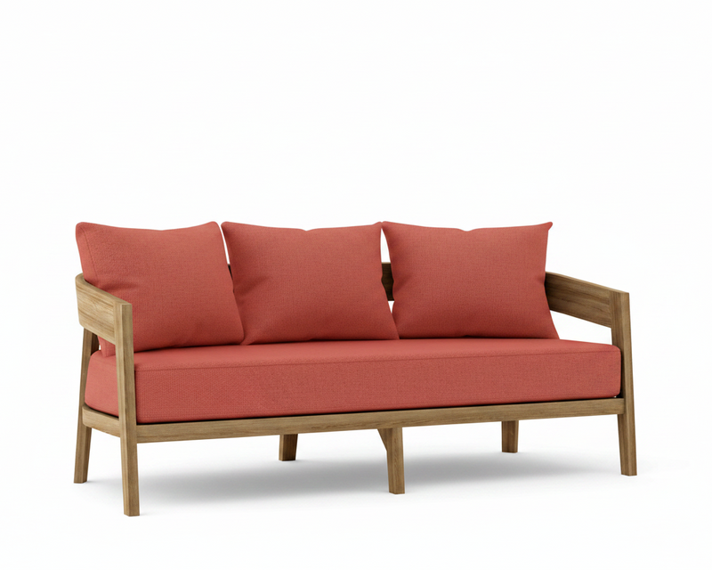 Toscana teak sofa with henna cushions on a white background.