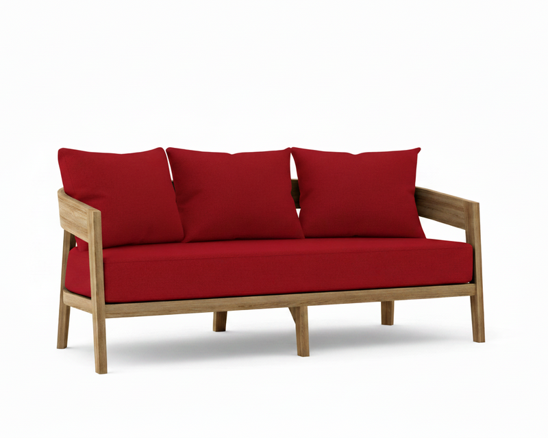 Toscana teak sofa with jockey red cushions on a white background.